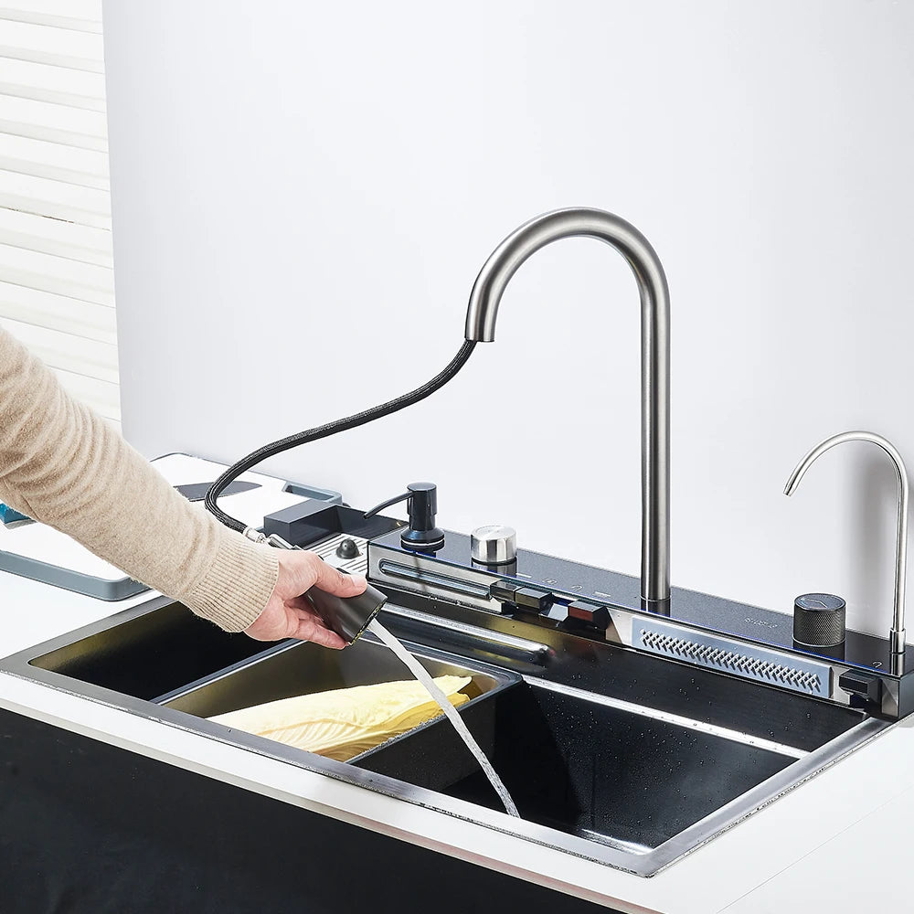 304 Stainless Steel Waterfall Kitchen Sink Large Single Slot Integrated Digital Display Faucet Set Soap Dispenser Cup Washer