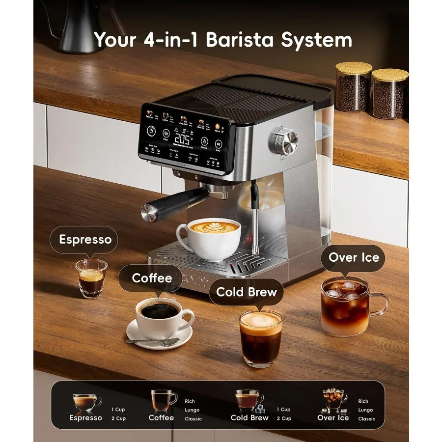 4-in-1 Espresso Machine and Coffee Maker Combo with Milk Frother Cold Brew Over Ice Interactive Touch Screen Stainless Steel Br
