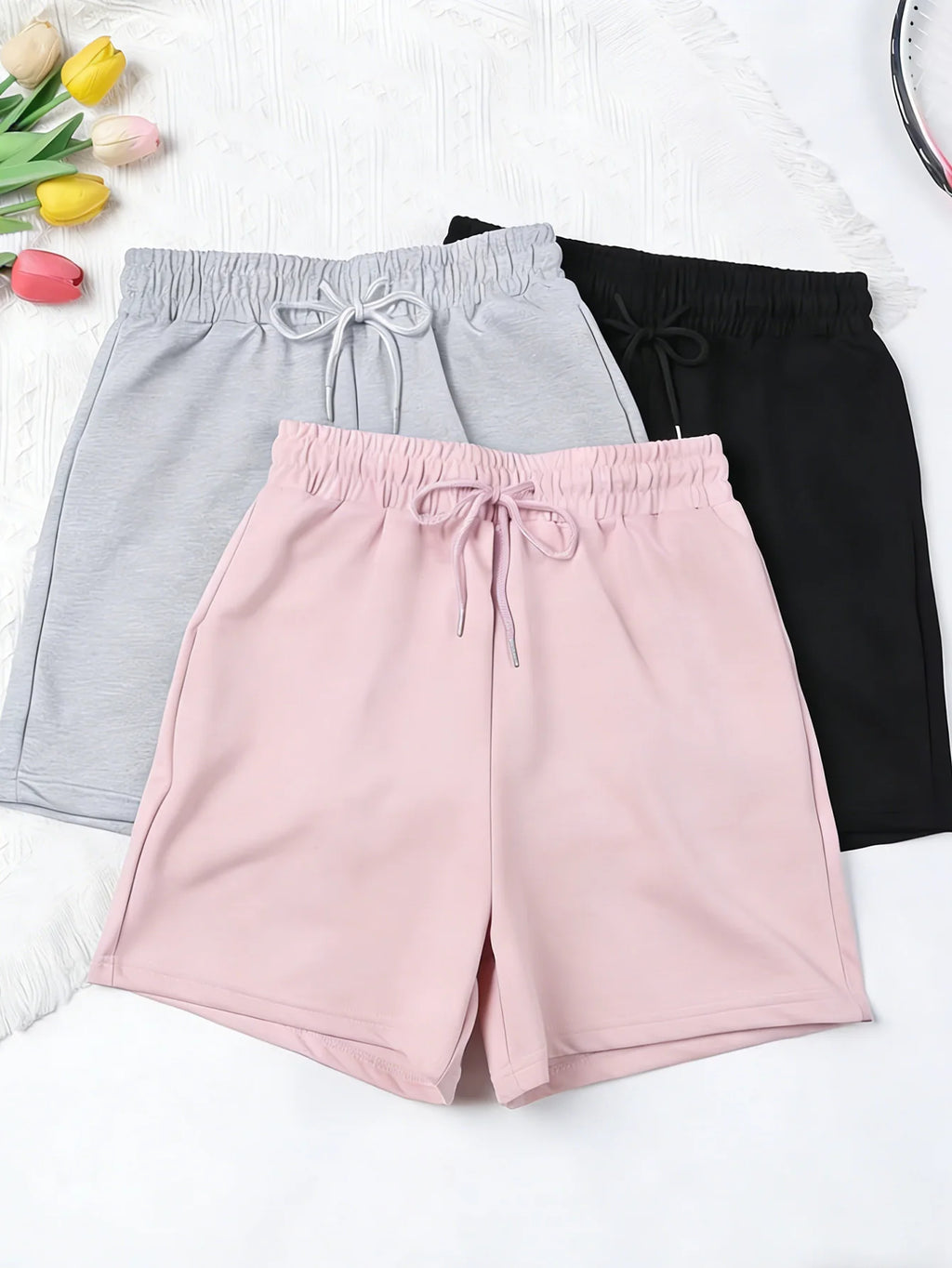 Three Women's Simple Drawstring Sports Shorts, Suitable for Wearing as Outerwear in a Casual Style, Are Comfortable and Soft.