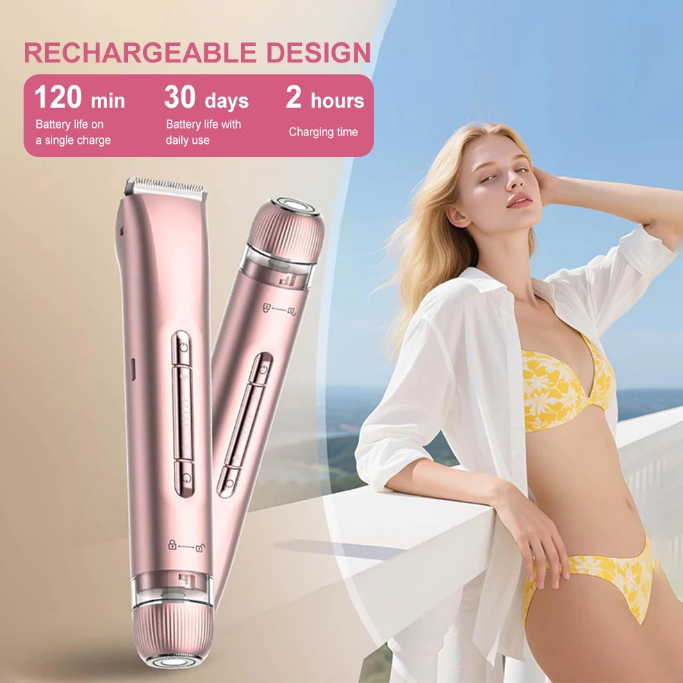 Electric Hair Trimmer 2-in-1 USB Rechargeable Waterproof for Women & Men Bikini Nose Eyebrows Trimming with Dual Heads