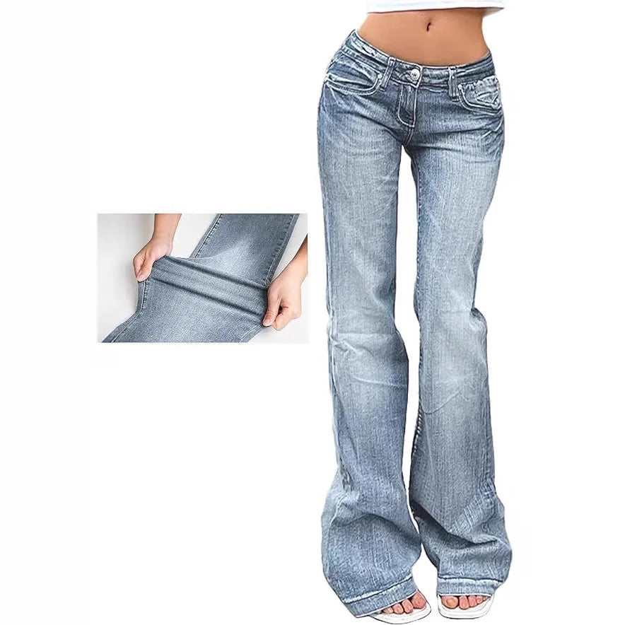 Women Washed Jeans Flare Pants Denim Mid Waist Slim Fit Pockets Button Solid Vintage Full Length Casual Denims Trousers