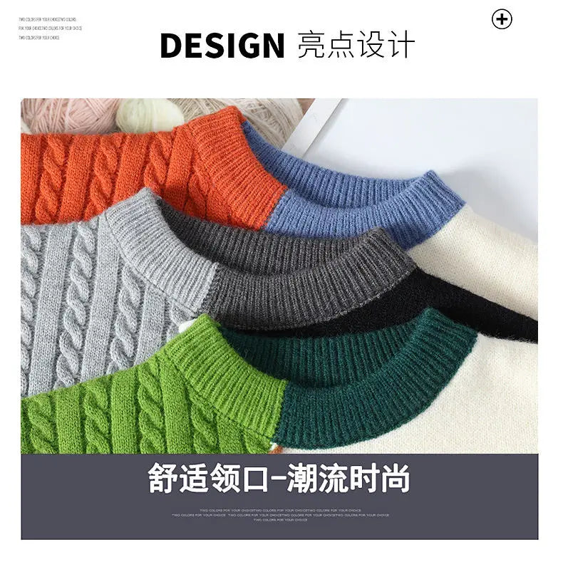 Autumn Winter Warm Mens Knitted Sweaters Fashion Patchwork O Neck Knit Pullovers Korean Streetwear Pullover Casual Mens Clothing