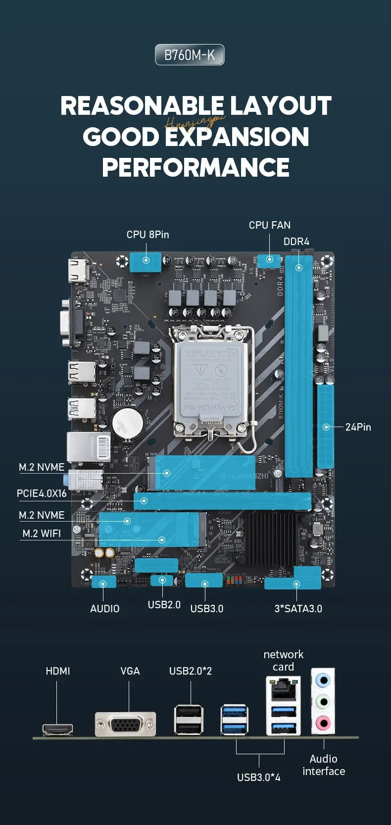 HUANANZHI B760M-K Motherboard Set Intel Core I5 12400F 13400F 14400 CPU DDR4 16GB 32GB RAM DIY Gaming PC Kit Combo