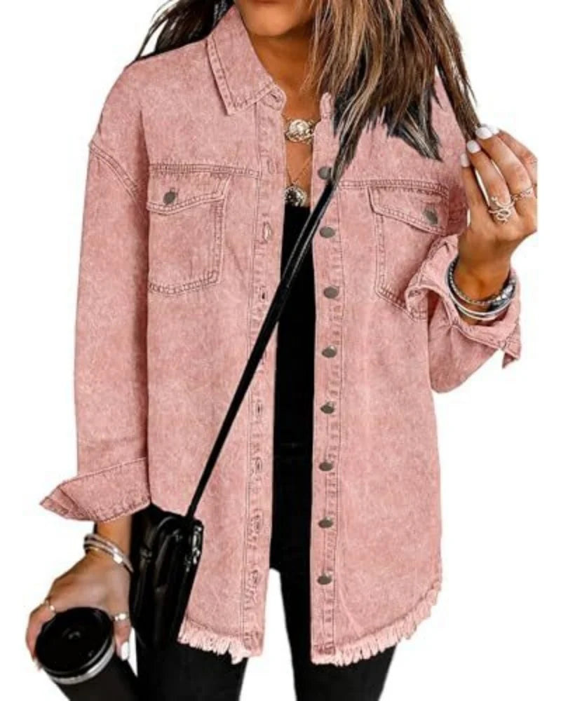 Women's Trendy Washed Denim Jacket New Spring Autumn Trimmed Edges Casual Classic Fit Jeans Jacket for Ladies