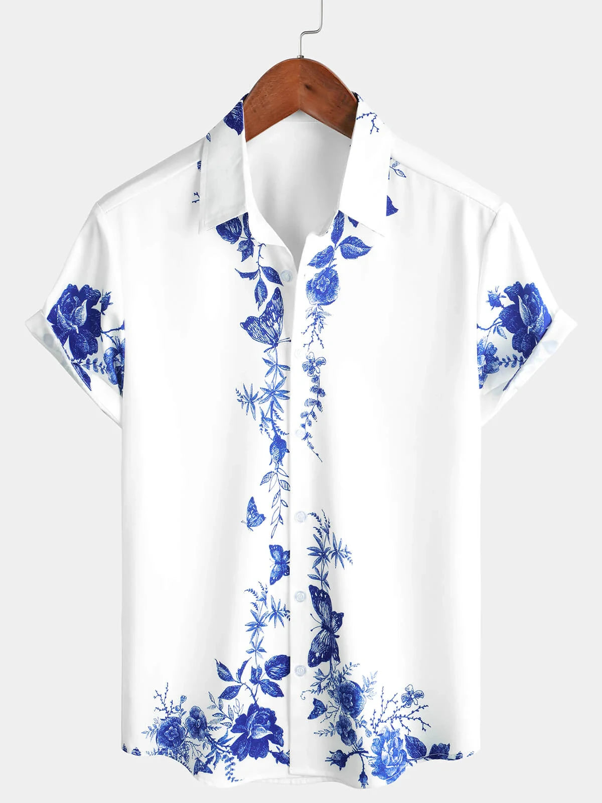 Men's Blue Floral Print Hawaiian Button Down Summer Beach Casual Collar Short Sleeve Shirt Ropa Casual Para Hombres