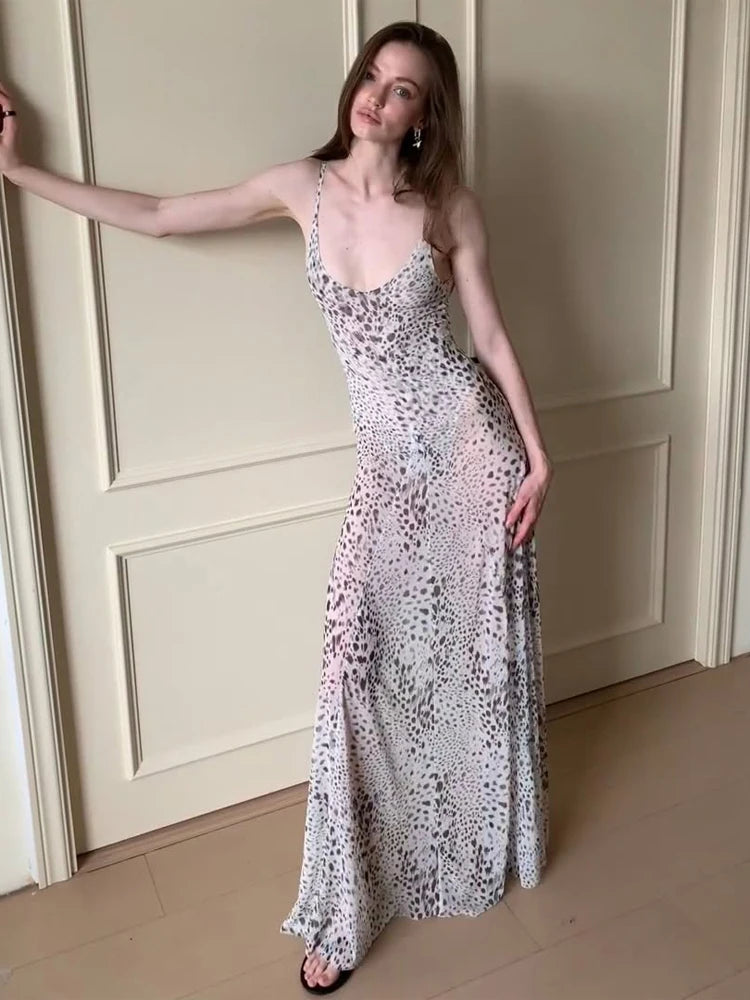 Women's Leopard Print Long Maxi Dress Halter Neck Plunge Front Tiered Ruffle Mermaid Skirt Elegant Party Cocktail Daily Gowns