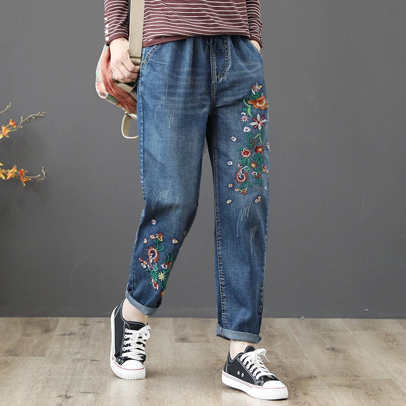 Women's Denim Pants Vintage Flower Embroidery Chinese Hand Work High Quality Casual Loose Jeans China Clothing Factory Wholesale