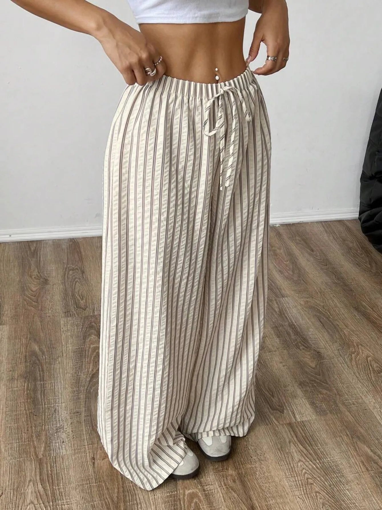 Women's Casual Striped Wide-Leg Pants   Summer Commute Fashion Drawstring Elastic Waist  Versatile Relaxed Straight Leg Trousers