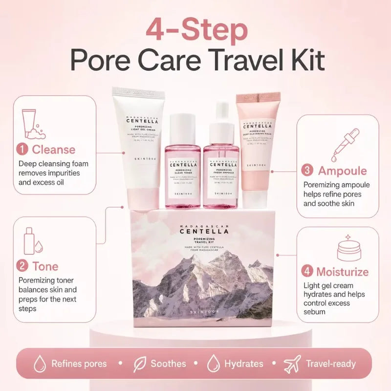 Centella Poremizing & Hyalu-Cica Travel Kit,Toner,Foam,Ampoule Serum,Light Gel Moisture Cream,Night Sleeping Pack 4pcs Gift Sets