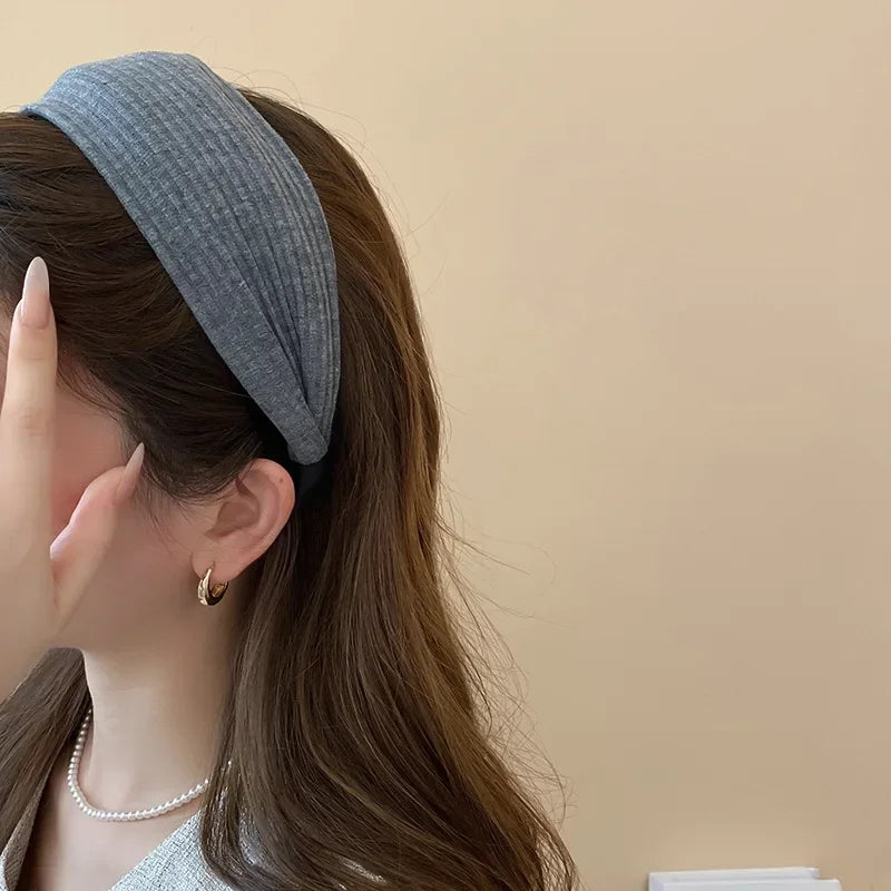 Solid Color Wide Edge Striped Yarn Headband High Head French Gentle Hair Accessory Popular Internet Celebrity Style