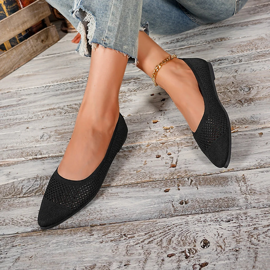 Women Lightweight Solid Knitted Shoes Women Pointed Toe Flats Breathable Mesh Casual Ballet Sneakers Slip on Ladies Loafers