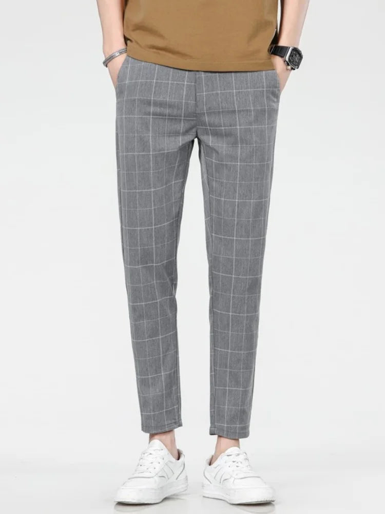 2025 Spring/Summer Men's Elastic Slimming Straight Leg Casual Pants Fashion Breathable Grid Design Sports Pants