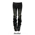 American Streetwear Full Length Denim Jeans Washed Vintage Women Bodycon Low Waist Pants Y2k Retro Distressed Button Patchwork