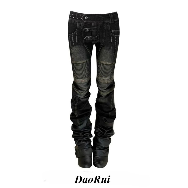 American Streetwear Full Length Denim Jeans Washed Vintage Women Bodycon Low Waist Pants Y2k Retro Distressed Button Patchwork