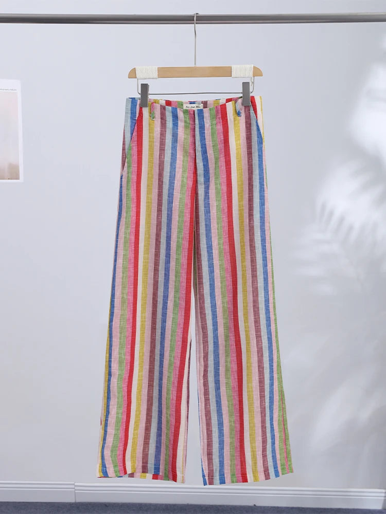 Colorful Striped Wide Leg Trousers Women Bohemian High Waist Multi-color Panelled Slim Straight Pants Fashion Lady Beachwear New