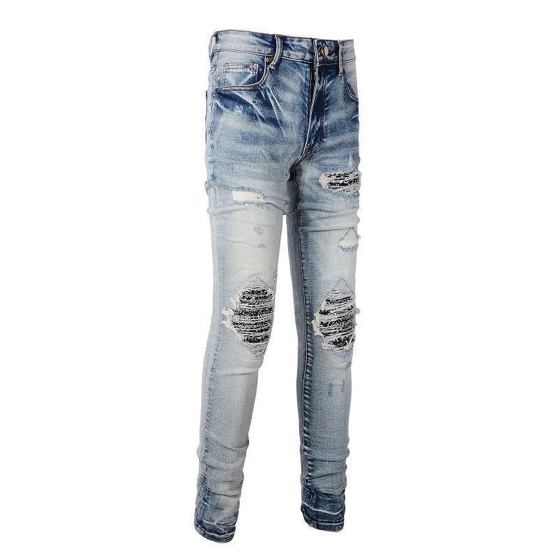 Men Paisley Bandana Print Patch Jeans Streetwear High Stretch Denim Pants Holes Ripped Patchwork Skinny Tapered Trousers