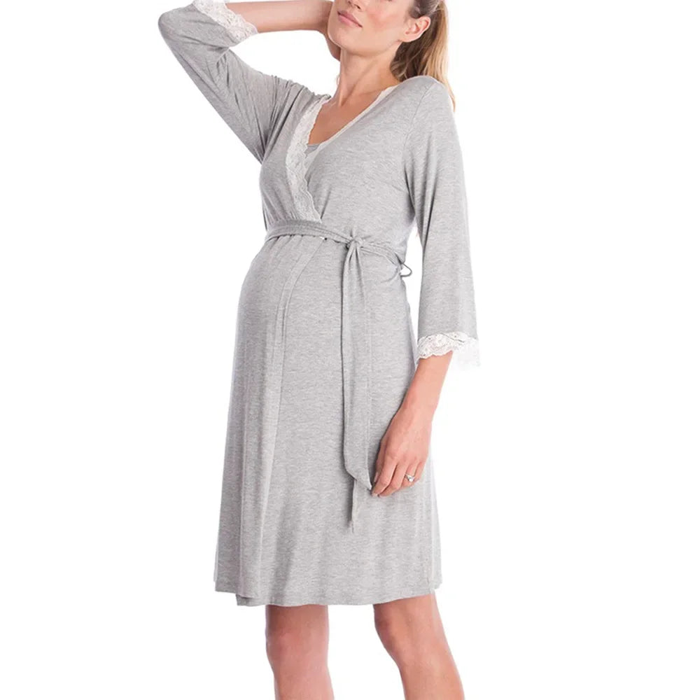 Fashion Lace Three-quarter Sleeve Maternity Nightdress Loose Bathrobe Pregnant Women Nightgown
