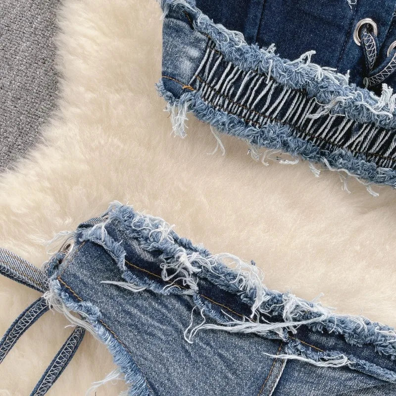 Retro Women Bikini Denim Suits Summer Halter Camis+ Mini Pant Lingerie Fashion Vacation Swimsuits Sexy Bra&Briefs Sets