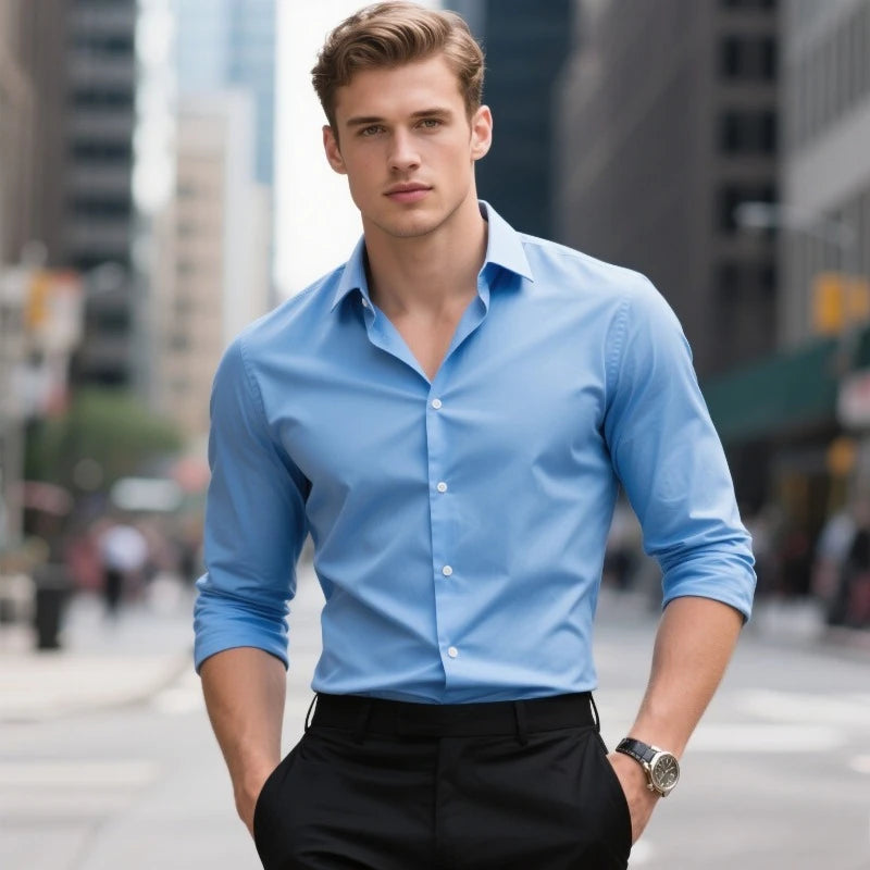 FGKKS New Men Shirts Fashion Quality Long Sleeve Casual Solid Color Elastic Male Business Shirt