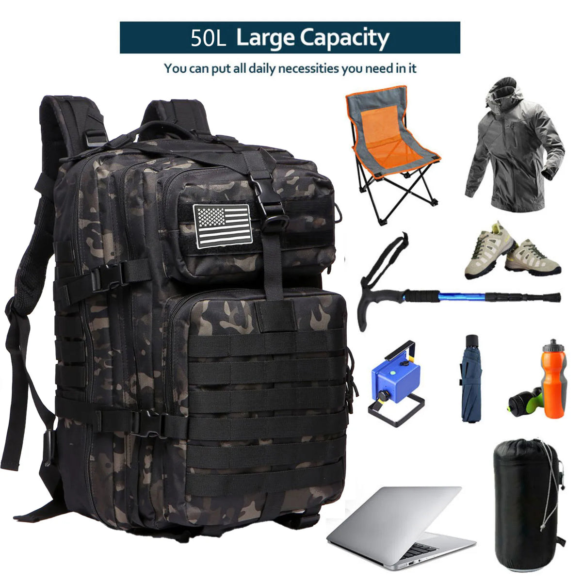 Durable Nylon 50L Waterproof Tactical Outdoor Backpack for Hiking Trekking Fishing Hunting Camping Travel