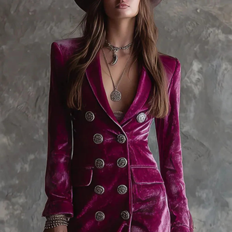 Fall Winter Double Breasted Velvet Cardigan Dress Woman Elegant Lapel Hollow Split Long Dress Vintage Long Sleeve Office Dresses
