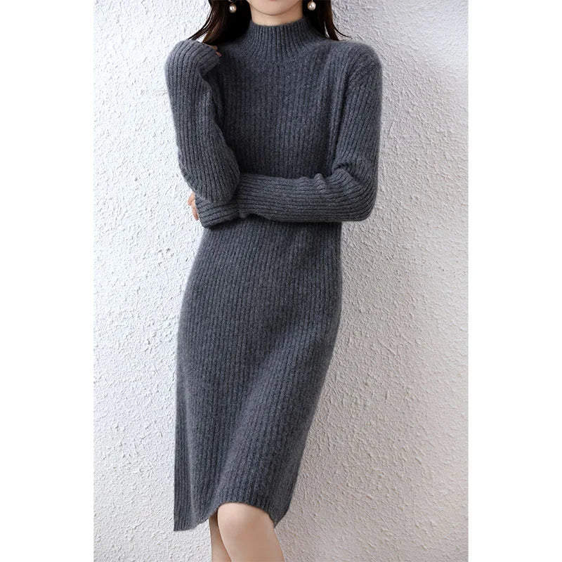 Fashion Cashmere Sweater Womens Knitted Dresses 100% Merino Wool Turtleneck Elegant Dress Autumn Winter Long Sleeve Short Skirts