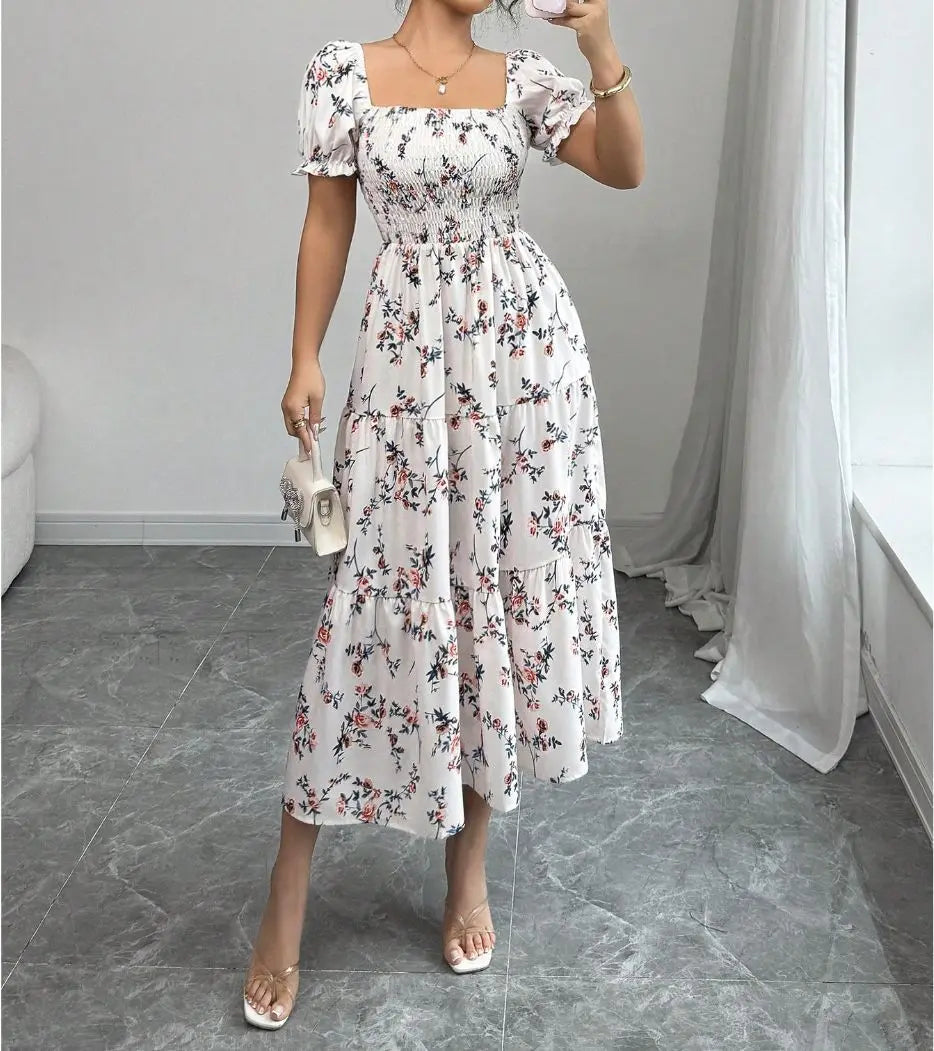 Spring and Autumn Women's Square Neck Short Sleeve Long Skirt Fresh Printed Casual Fashion Slight Backless Temperament Dress