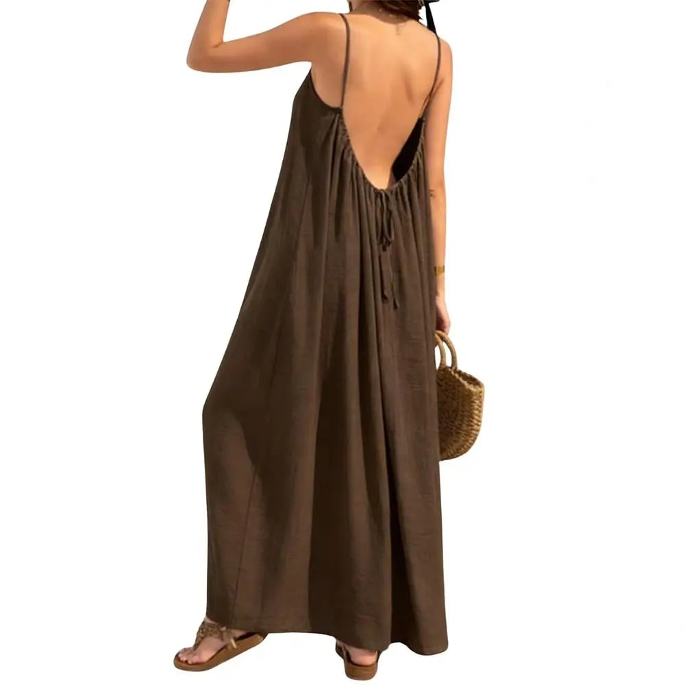 New with Back Tie Backless Cami Dresses Pure Color Soft Backless Sleeveless Comfortable Long Sundress for Women