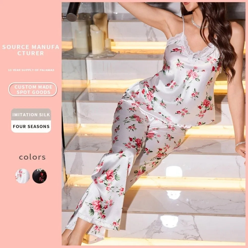 Satin Ice Silk Women's Printed Pajamas Set Lace-Trimmed V-Neck Floral Printed Ice Silk Suspender Sleepwear Sleeveless