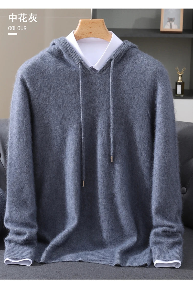 2025 Autumn Winter Hooded Collar Mink Cashmere Knitted Sweater Men's Drawstring Pullover High-End Thick Casual Sweater Loose Fit