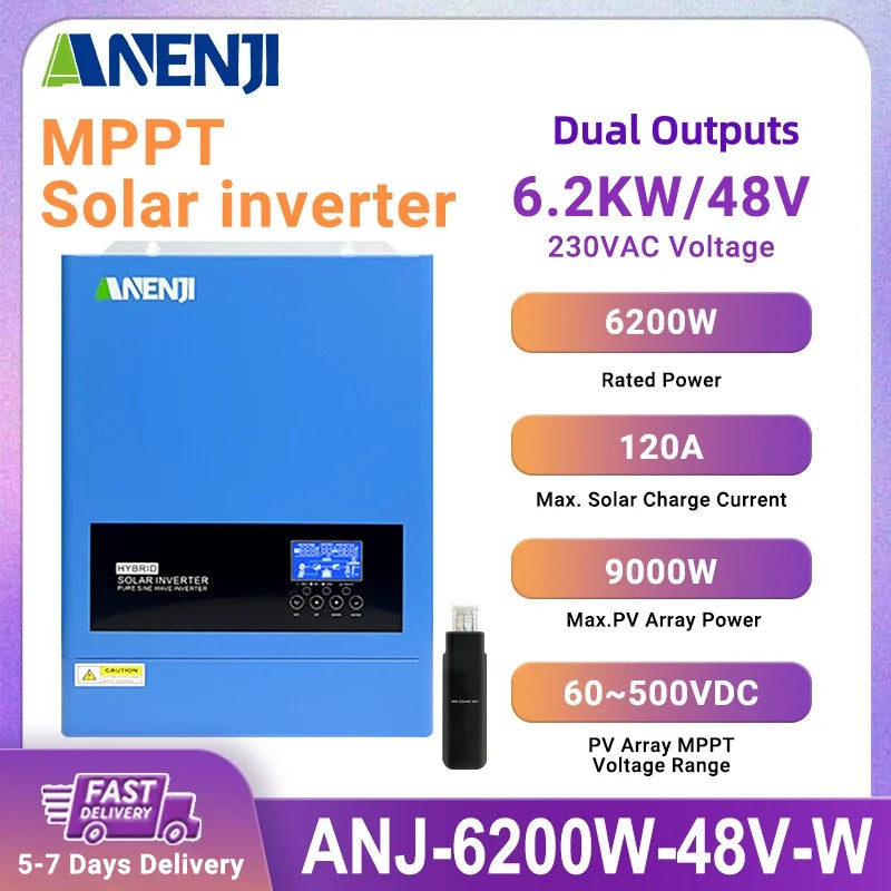 6.2KW Hybrid Solar Inverter 230V 48V Pure Sine Off Grid On Grid Inversor 120A MPPT Solar Charge Controller for PV Solar Panels