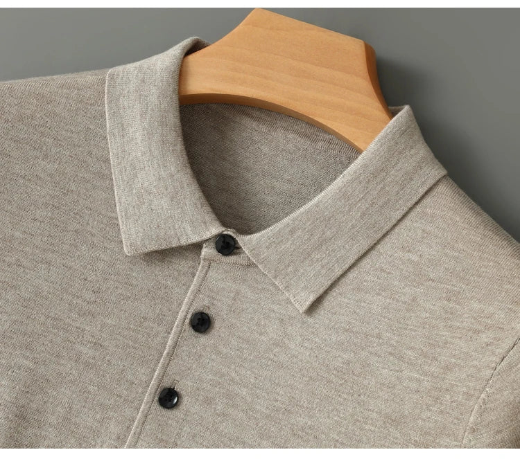 Men's Worsted Wool Kknit Pullover, Business Casual Polo Neck Sweater, Monochromatic Loose Top, Autumn and Winter Fashion, New
