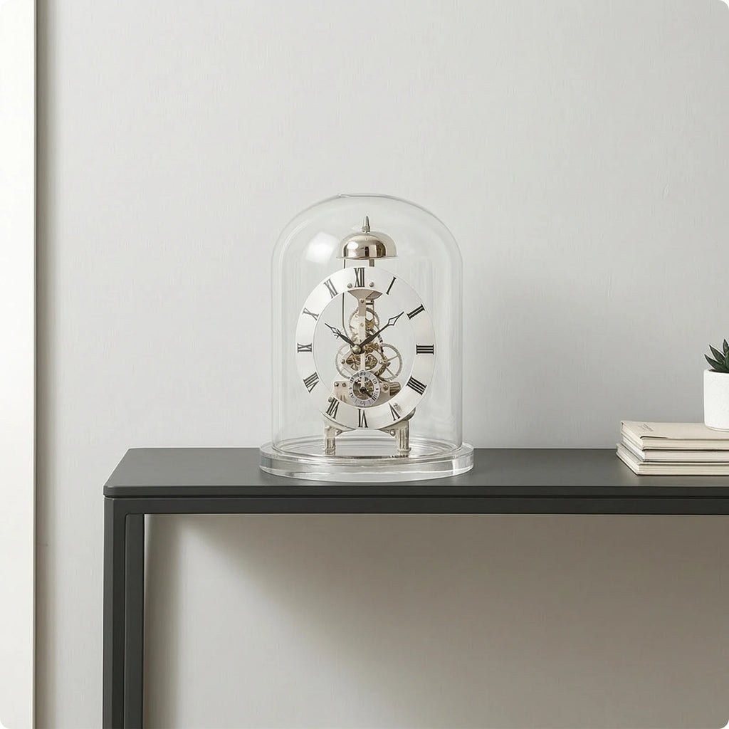 Clock with Glass Dome Mechanical-Style Quartz Skeleton Clock Retro Chiming for Collectors Living Room Home Office Decoration