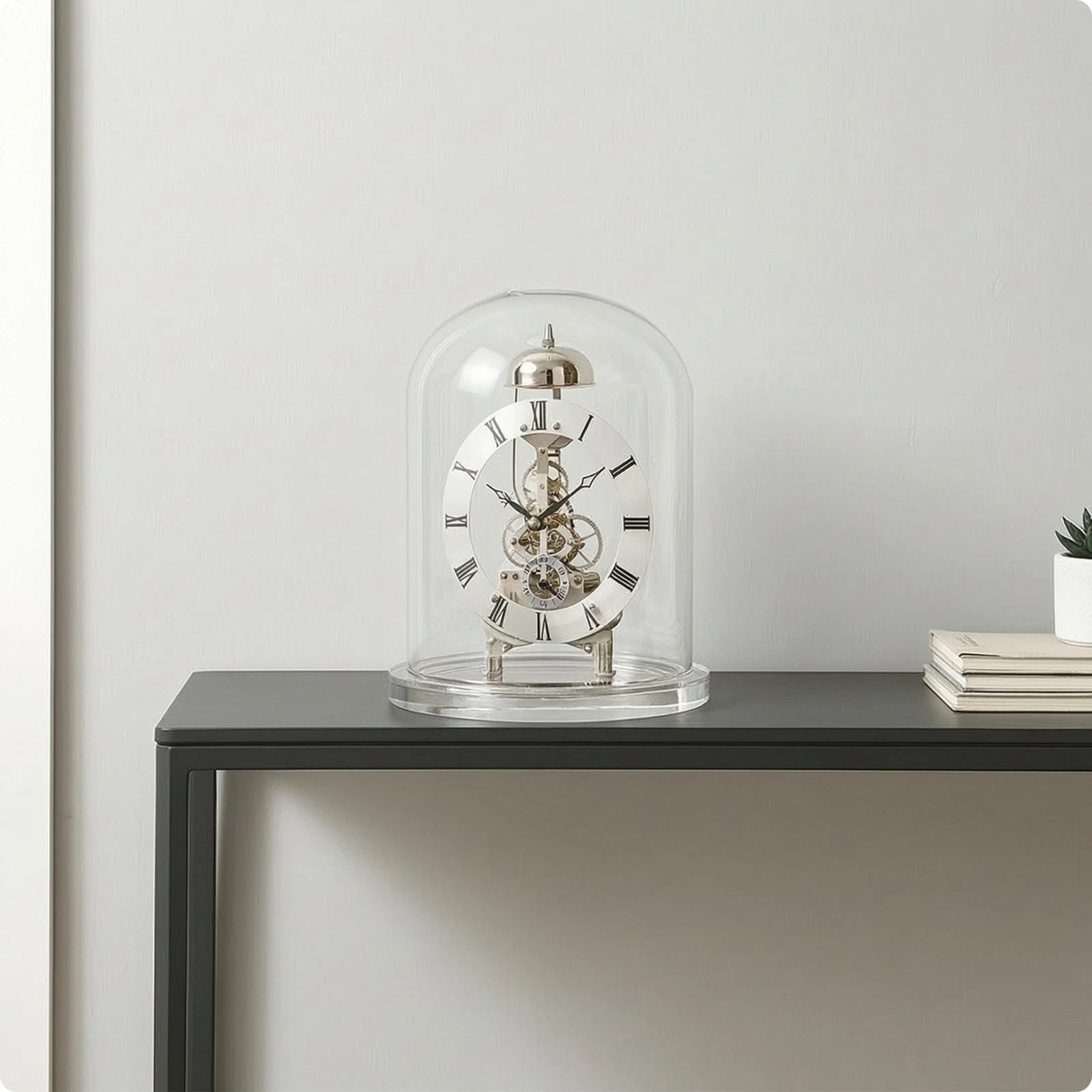 Clock with Glass Dome Mechanical-Style Quartz Skeleton Clock Retro Chiming for Collectors Living Room Home Office Decoration