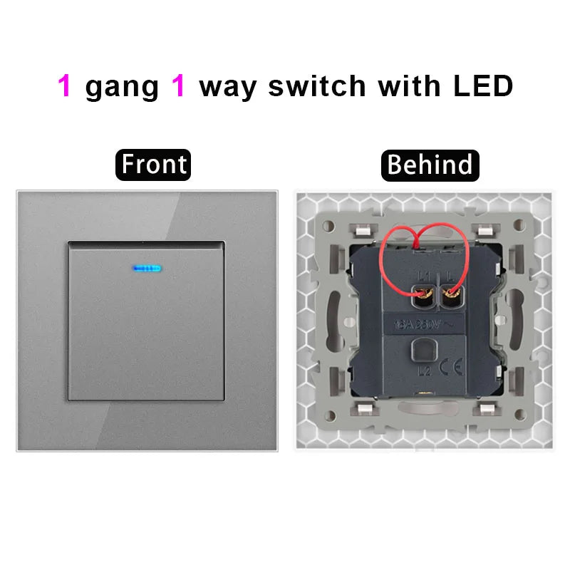 NYWP Luxury Crystal Tempered Glass Panel 1 Gang 2 Way Light Switch On / Off Wall Switch With LED Indicator 16A AC 250V