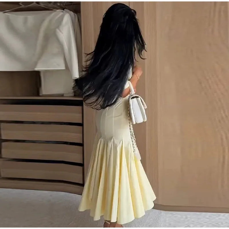 Elegant Pleated Waist-cinching Long Dress Women's Sexy V-neck Short Sleeve Bodycon Dresses 2026 Summer New Lady Solid Robes