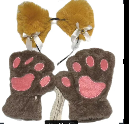 5Pcs Sets Cat Paw Gloves Winter Cute Cartoon Girl Open Finger Gloves Bell Headband Fox Cat Ear Headwear