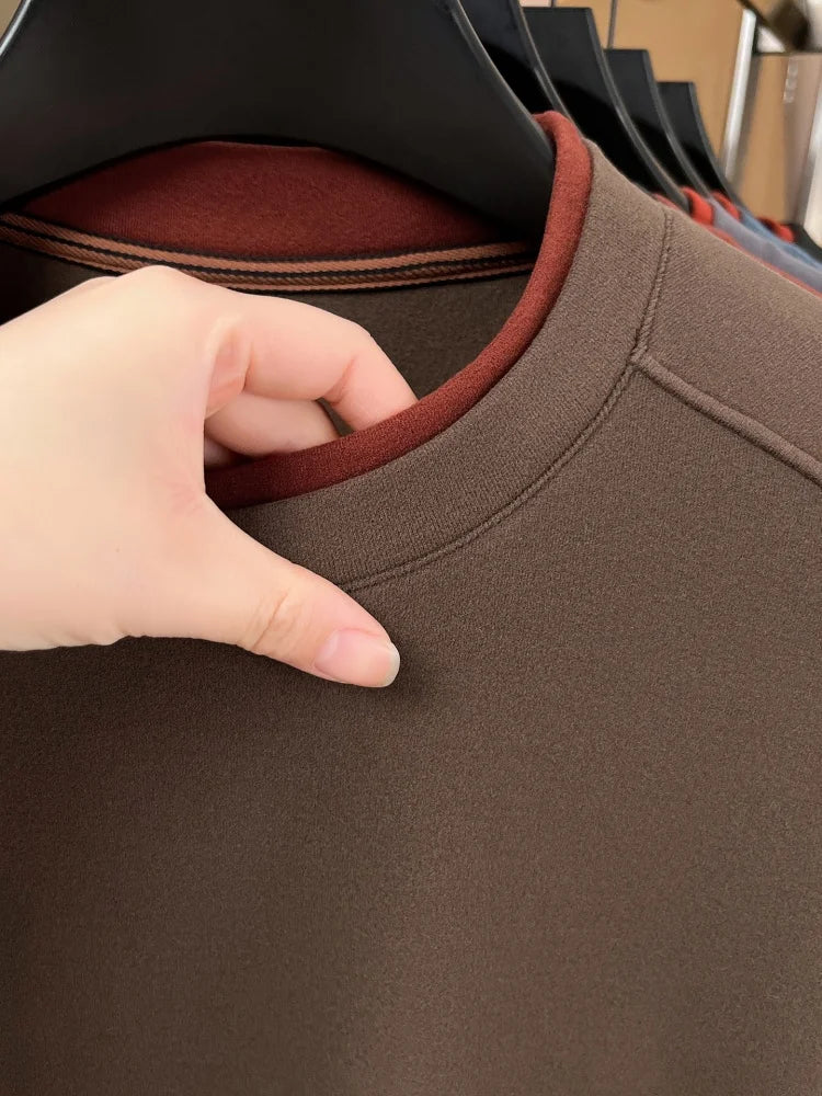 Unique fake two pieces round neck sweater men fashion brand letter emboss pullover autumn winter warm velvet long sleeve T-shirt