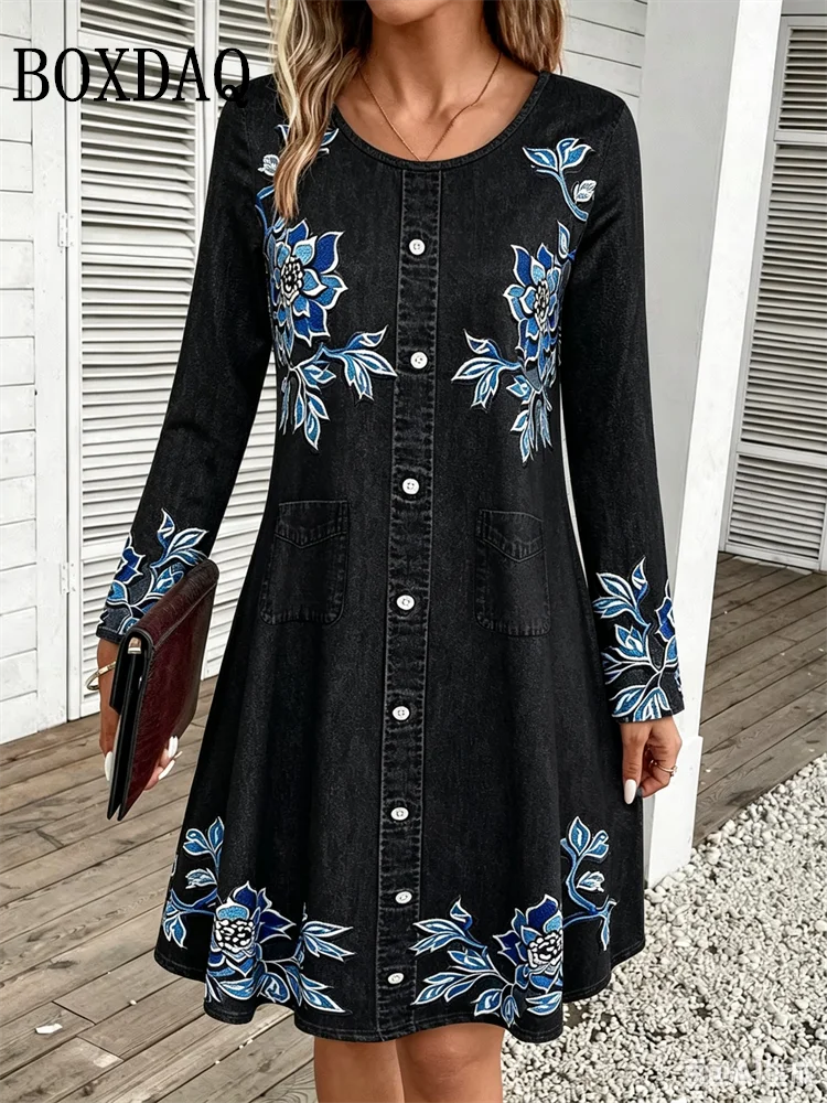 2026 Women's Casual Floral Imitation Denim 3D Print Dress Fashion Round Neck Autumn Loose A-Line Dress Long Sleeve Women's Dress