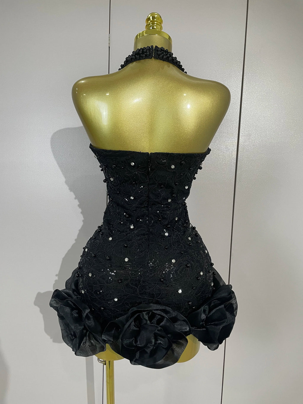 High Quality Luxury Shiny Diamonds Pearl Flowers Deep V Halter Short Dress Women Celebrate Eveing Celebrity Birthday Party Dress