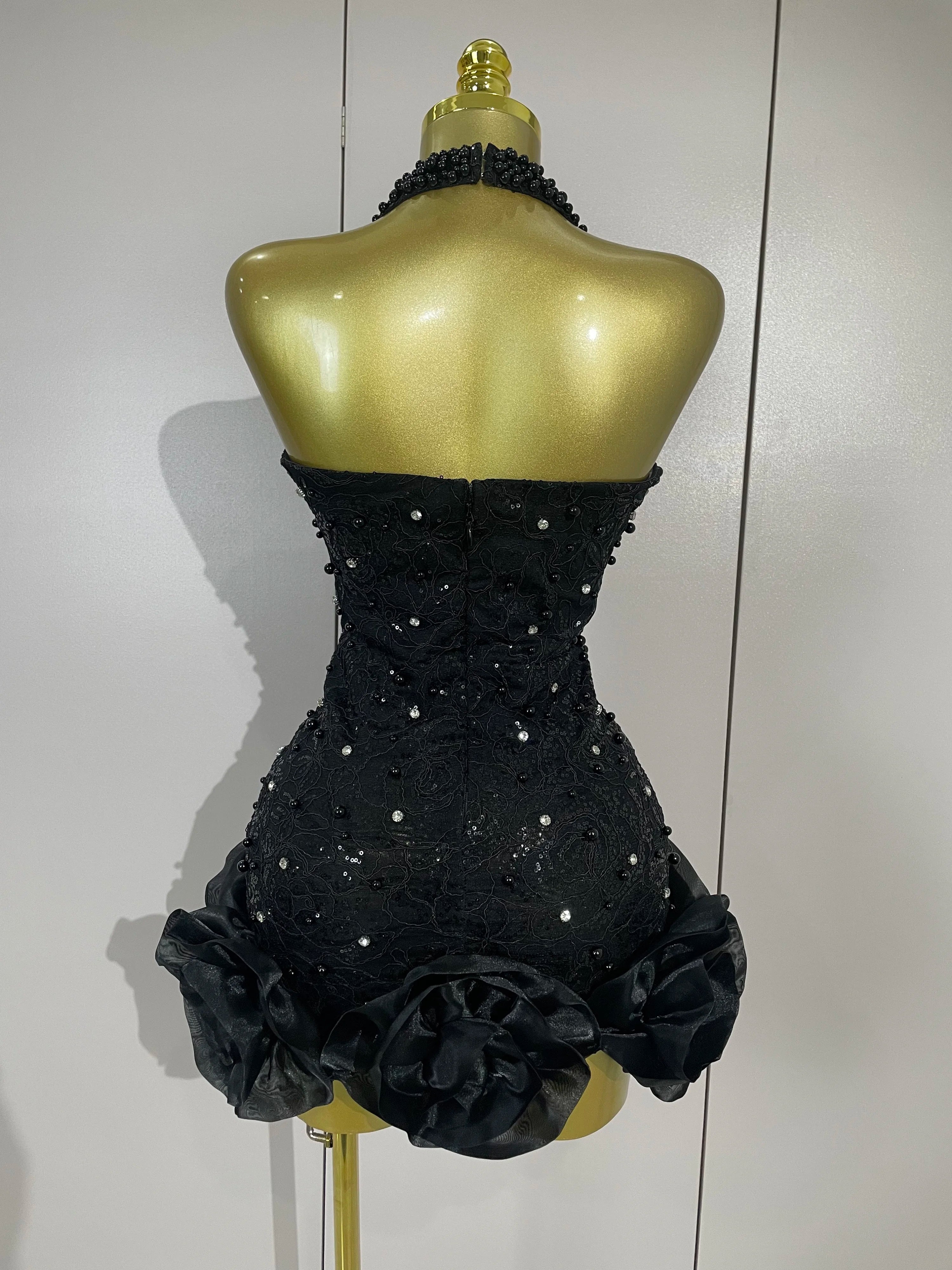 High Quality Luxury Shiny Diamonds Pearl Flowers Deep V Halter Short Dress Women Celebrate Eveing Celebrity Birthday Party Dress