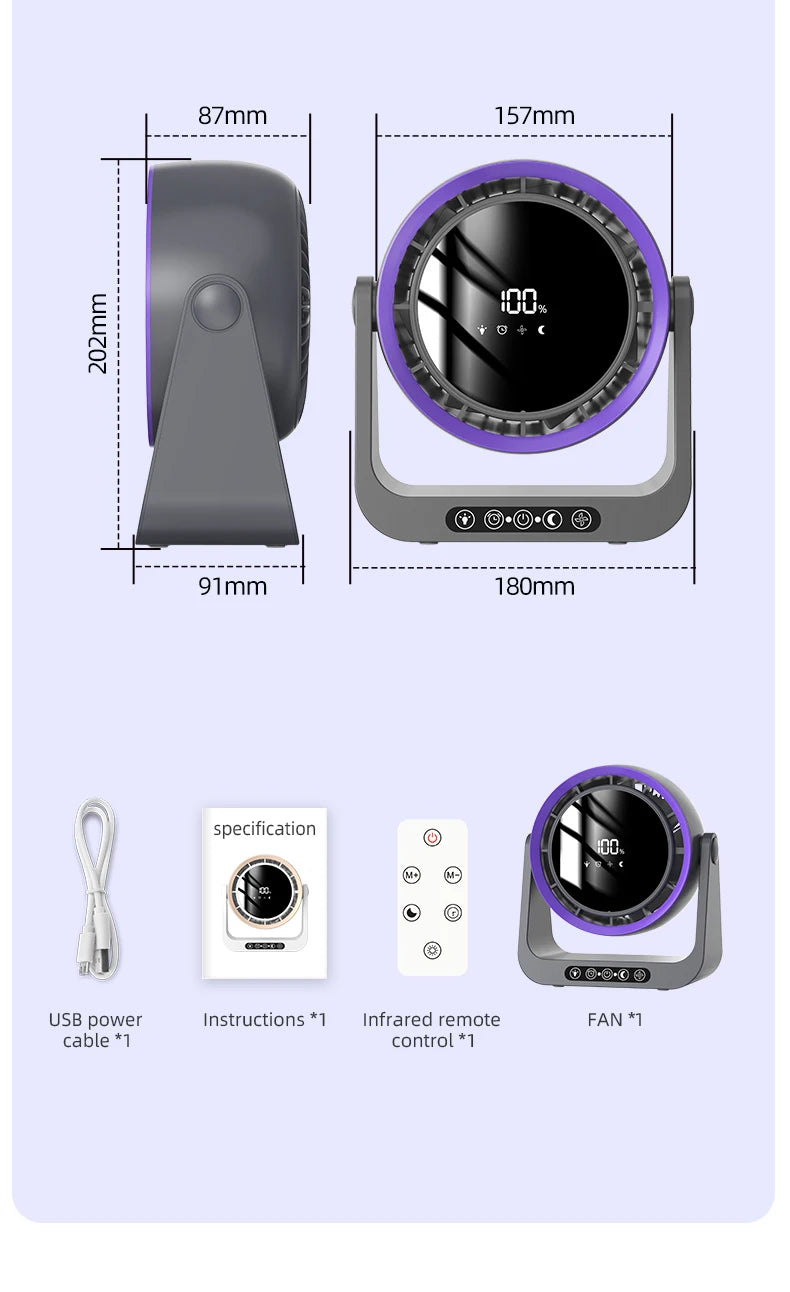 Desktop Circulating Fan With Remote Control Mini Table Fan 4000 mAh Large CapacityRechargeable Wall-mounted Fan With Night Light