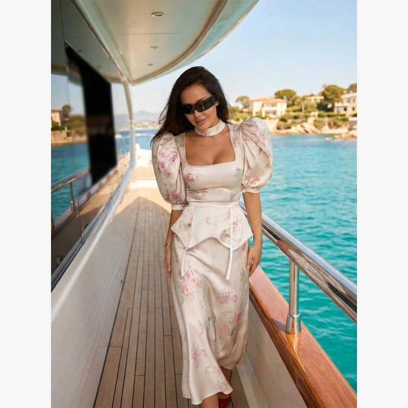 Women Floral Print Short Sleeve Maxi Dress Fashion V-neck Ruffle Trim Belted Slit Hem Dresses Casual Lady Daily Vacation Gowns