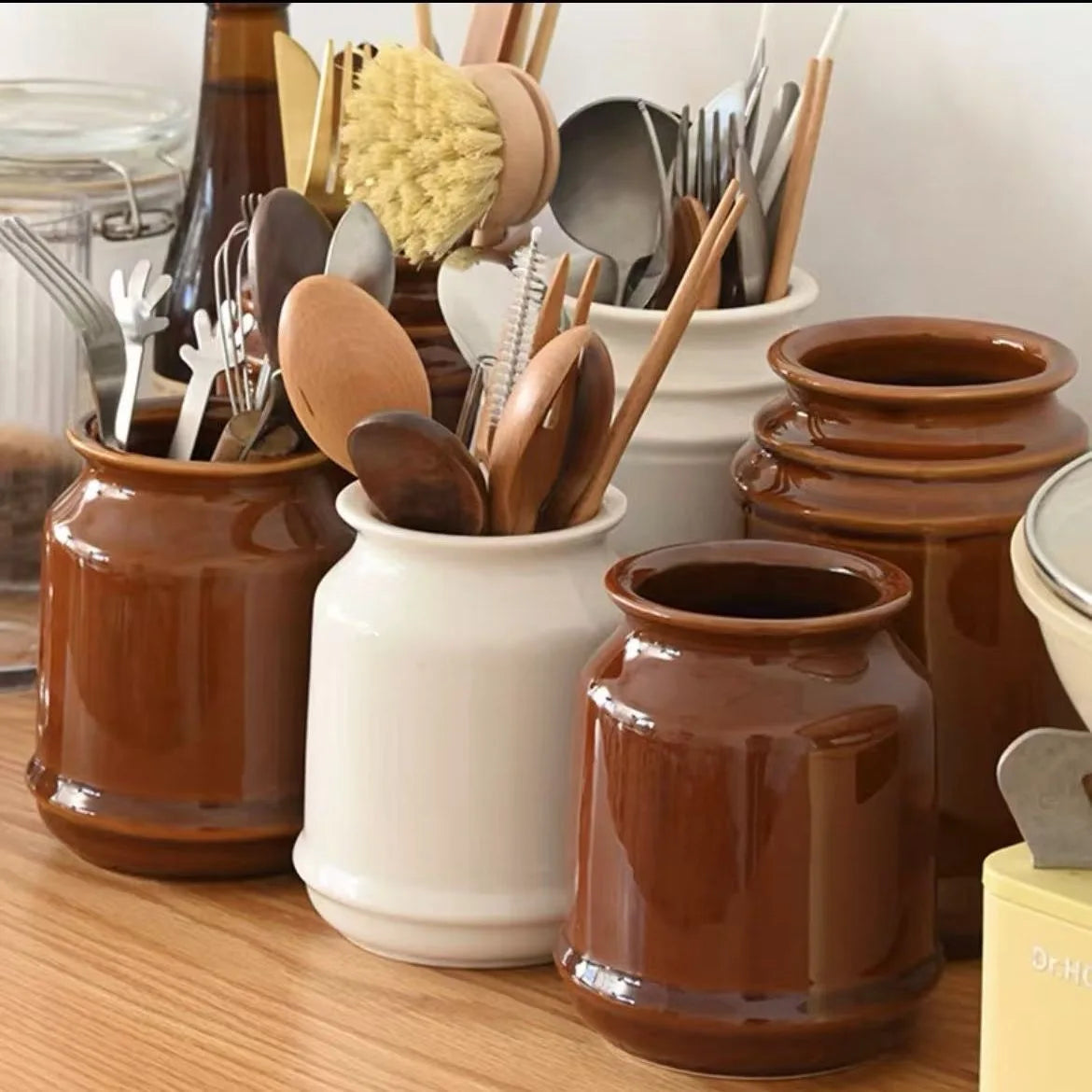 Kitchen Utensil Holder, Ceramic Cooking Utensil Holder for Counter Top, Storage Organizer for Spatula Spoon and Fork Storage Jar