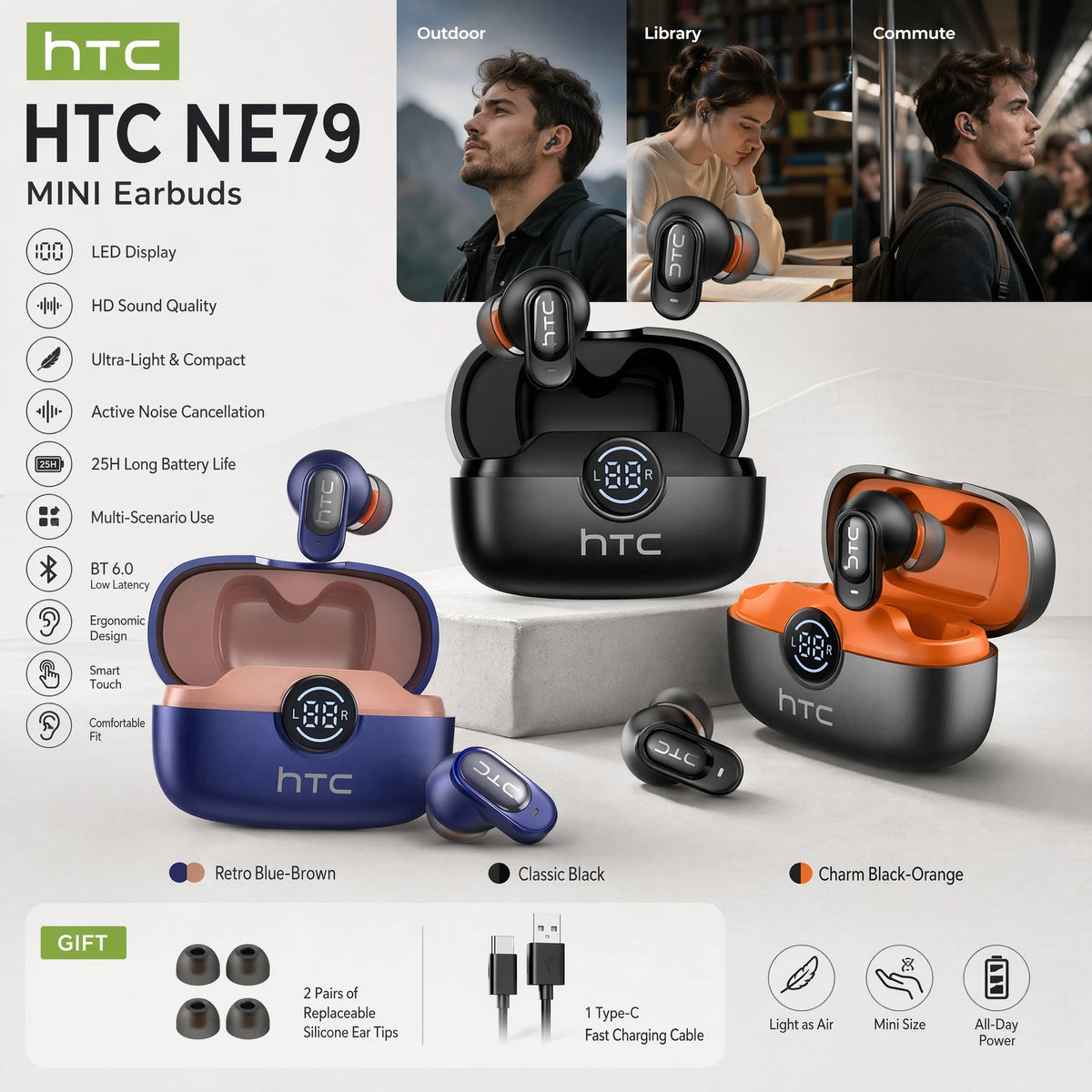 HTC NE79 Bluetooth Earphones Sports Gaming Long Battery Comfort Wireless Headphones Premium Sound Quality Soft In-ear Earbuds