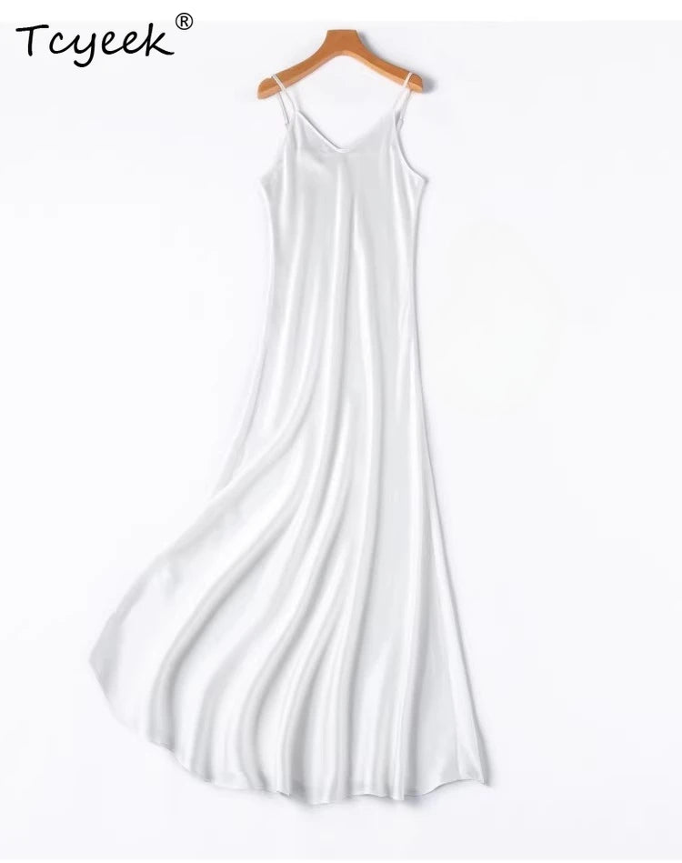 Tcyeek Woman Long Dress, 100%Real Silk, V Neck, Solid Spaghetti Strap Dresses, 2025 Elegant Chic Clothes