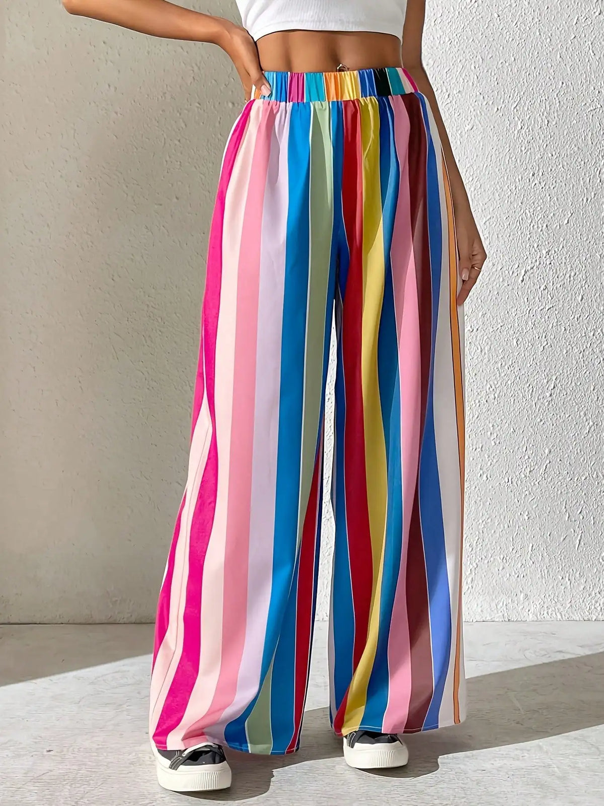 2026 Casual Women's Plus Size Elastic Waisted Colorful Striped Pants, Loose and Comfortable Wide Leg Pants, Long Pants