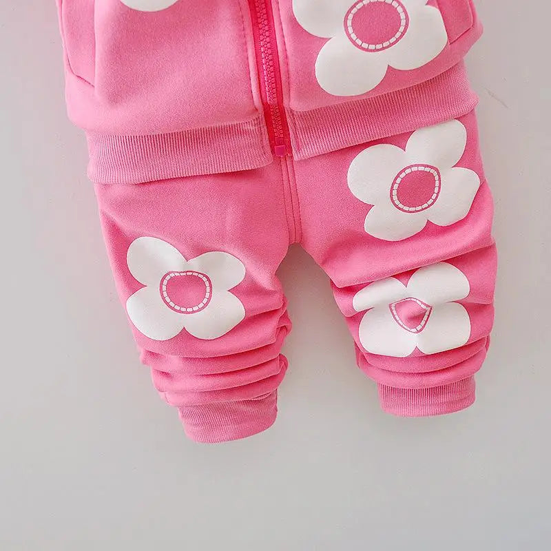 Baby Girls Flower Cartoon Thickk Woolen Autumn Winter Hoodied Jacket Coat Pants Clothing Set Children Kids Warm Clothes Suits