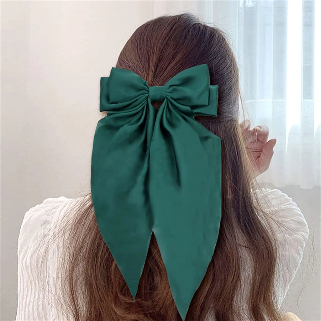 8 Ladies Satin Large White pink Red Blue Black Ribbon bow Oversized bow Long tail hair clip spring clip ponytail Hair accessorie