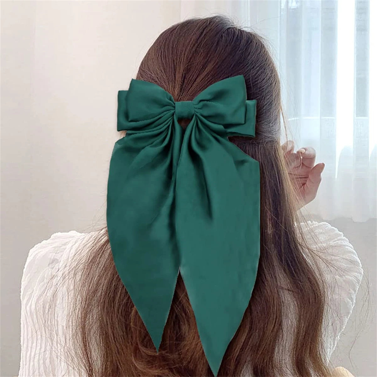 8 Ladies Satin Large White pink Red Blue Black Ribbon bow Oversized bow Long tail hair clip spring clip ponytail Hair accessorie